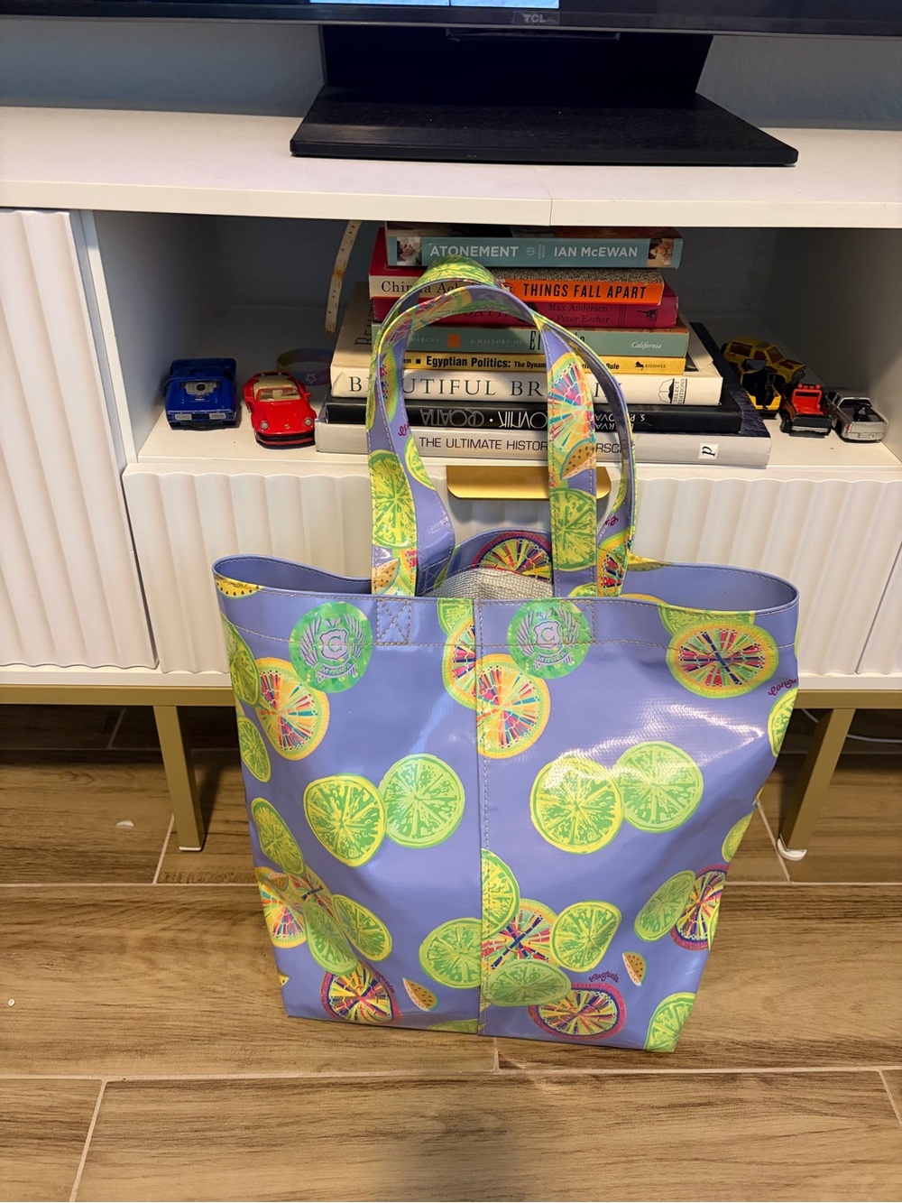 Consuela Sandy Classic Journey Tote Bag Purple Periwinkle Lime Citrus Print Vtg
